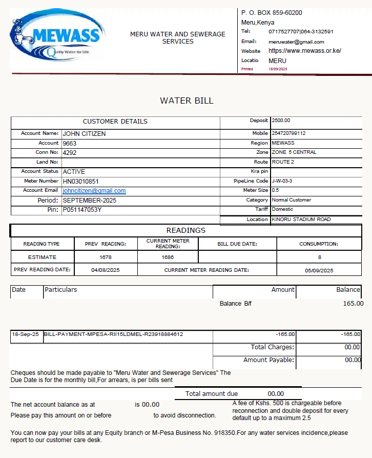 Kenya Meru Water and Sewerage Services utility bill template in Word and PDF formats